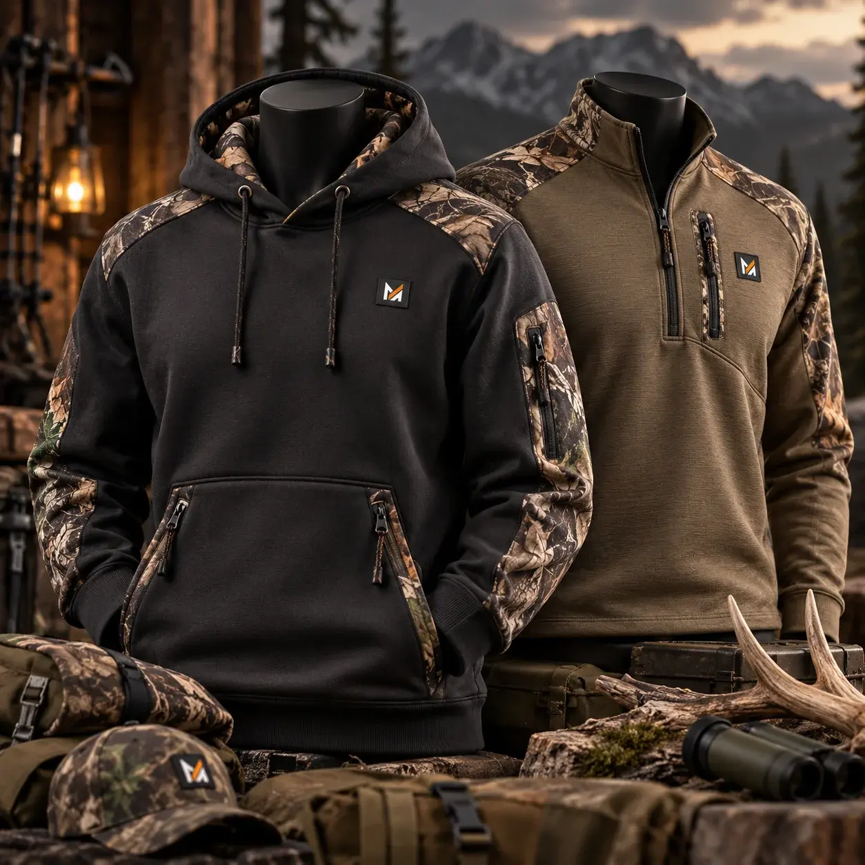 Black hunting hoodie and olive quarter-zip pullover with camouflage sleeves and shoulder panels, zippered utility pockets, and Mega Apparel logo patches displayed on mannequins in a rugged outdoor hunting setting.